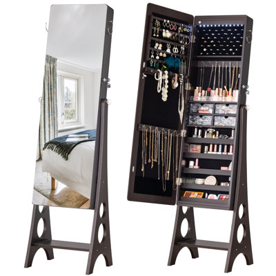  Mirror Jewelry Cabinet Standing, Large Storage Jewelry Armoire, Full-Length Frameless Mirror with Jewelry Storage, 12 LED Lockable Standing Jewelry Organizer Brown