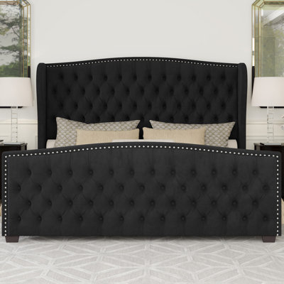 DuJuan Deep Button Tufted Upholstered King Bed with Nailhead Trim Wingback Headboard, Black 