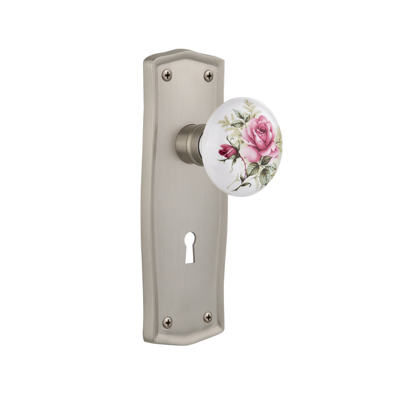 Plaque Prairie avec trou de serrure décoratif et bouton de porte en porcelaine blanche, Nickel satiné