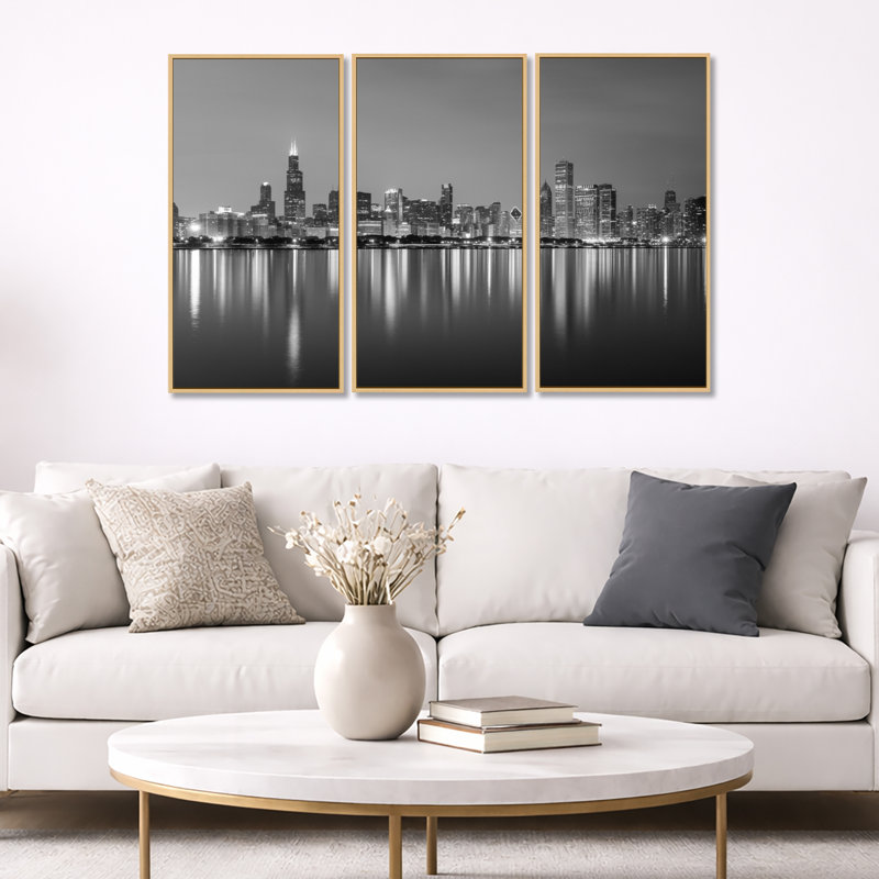 Chicago Skyline at Night, noir et blanc - 3 pièces, cadre photo flottant sur toile, Érable, H 20 po x l 36 po