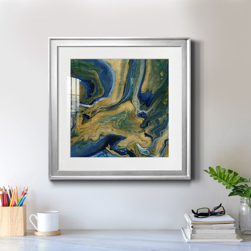Golden Sea - peinture encadrée, H 17,5 po x l 17,5 po x P 1,5 po, Cadre argenté