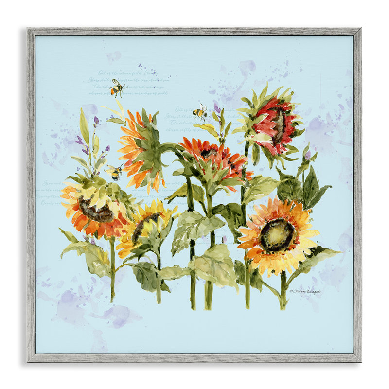 Tournesols et abeilles sur giclée encadrée bleue, design par Susan Winget, Giclée de ferme grise encadrée, H 17 po x l 17 po