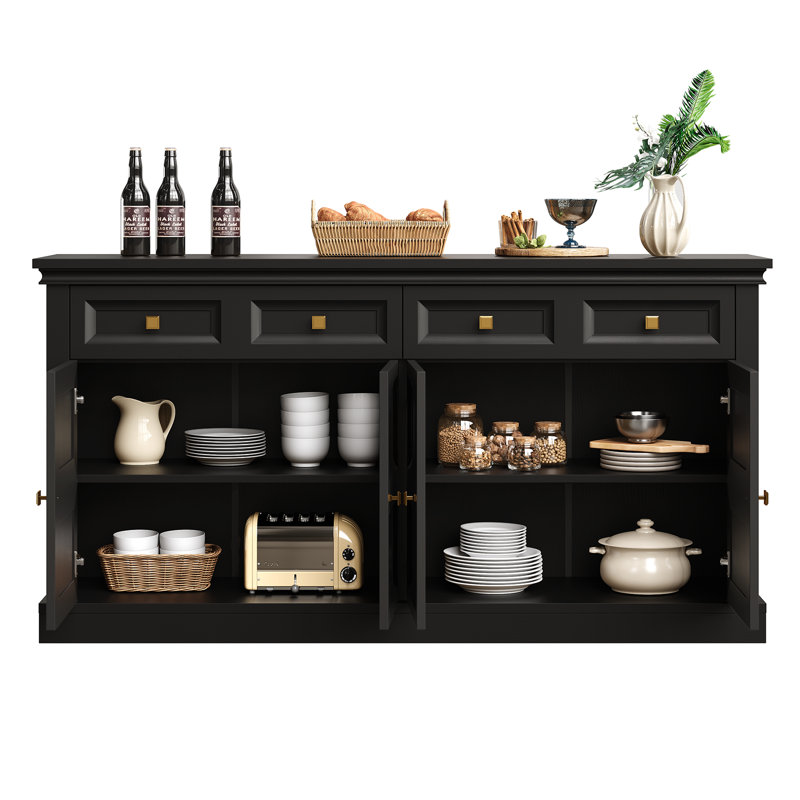 63-Inch Curved Sideboard Classic-Style Storage Cabinet With Adjustable Shelves Ideal For Kitchens And Dining Rooms, Black