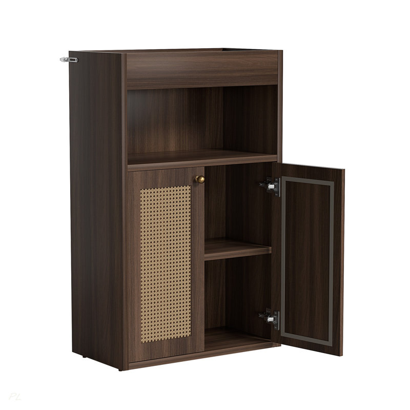 Armoire de rangement pour salle de bain avec 2 portes en rotin, autoportante avec tablette réglable et rangement ouvert pour le salon, le couloir