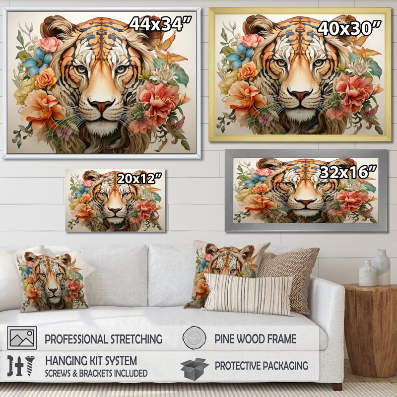 Coral Brown Line Art Whimsical Animals II Framed On Canvas Print, H 24 po x l 32 po x P 1 po, Cadre flottant doré