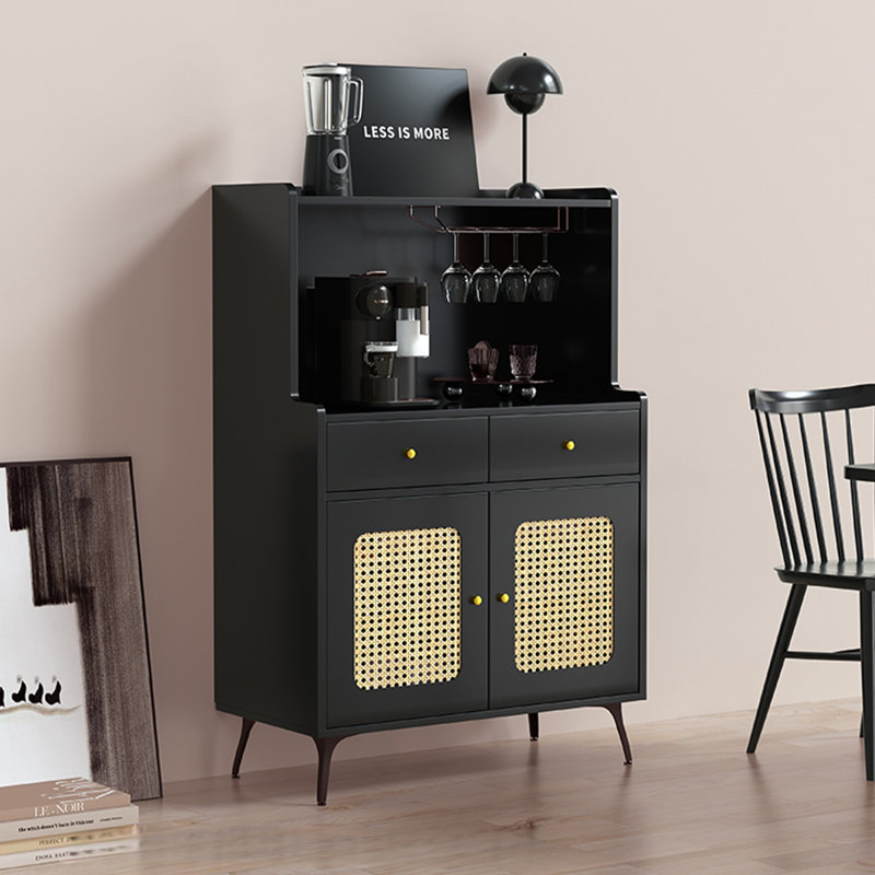 Buffet en bois manufacturé noir + rotin, H 47,24 po x l 29,53 po x P 15,75 po, Noir/naturel