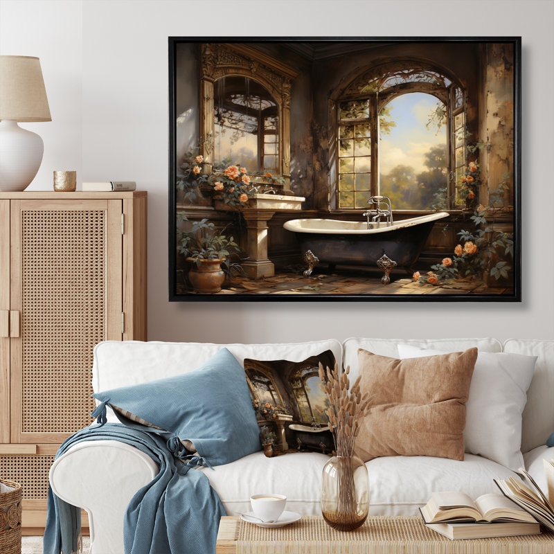 «Bathroom Vintage Elegance I» - Art mural de salle de bain, H 12 po x l 20 po x P 1 po, Cadre flottant noir