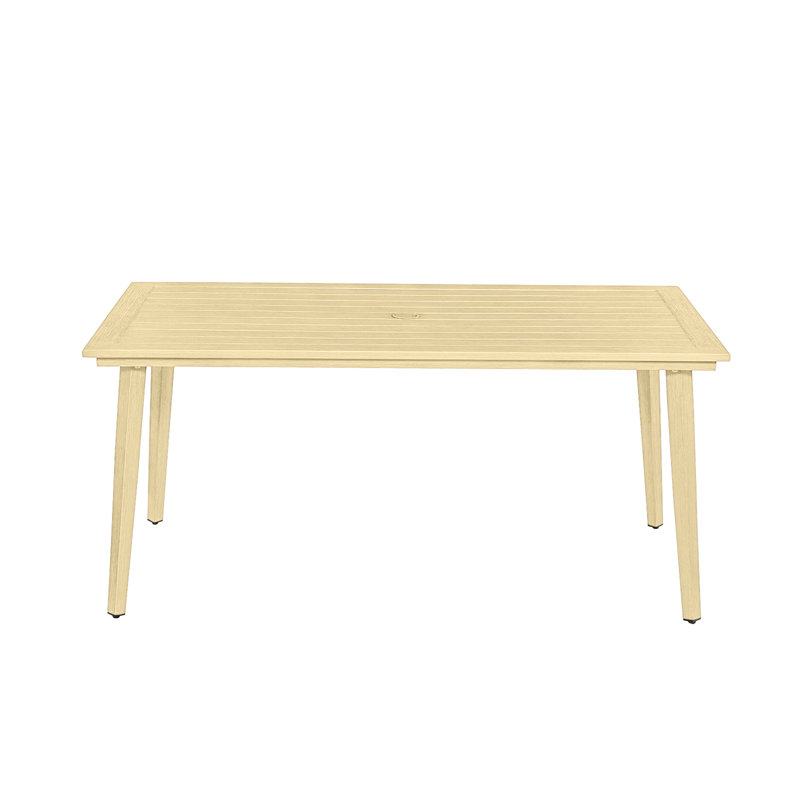 Table de jardin en aluminium pour 8 personnes avec trou pour parasol de 5,6 cm, résistante aux intempéries, idéale pour terrasse, jardin, véranda ou pelouse. Finition de bois d'érable.