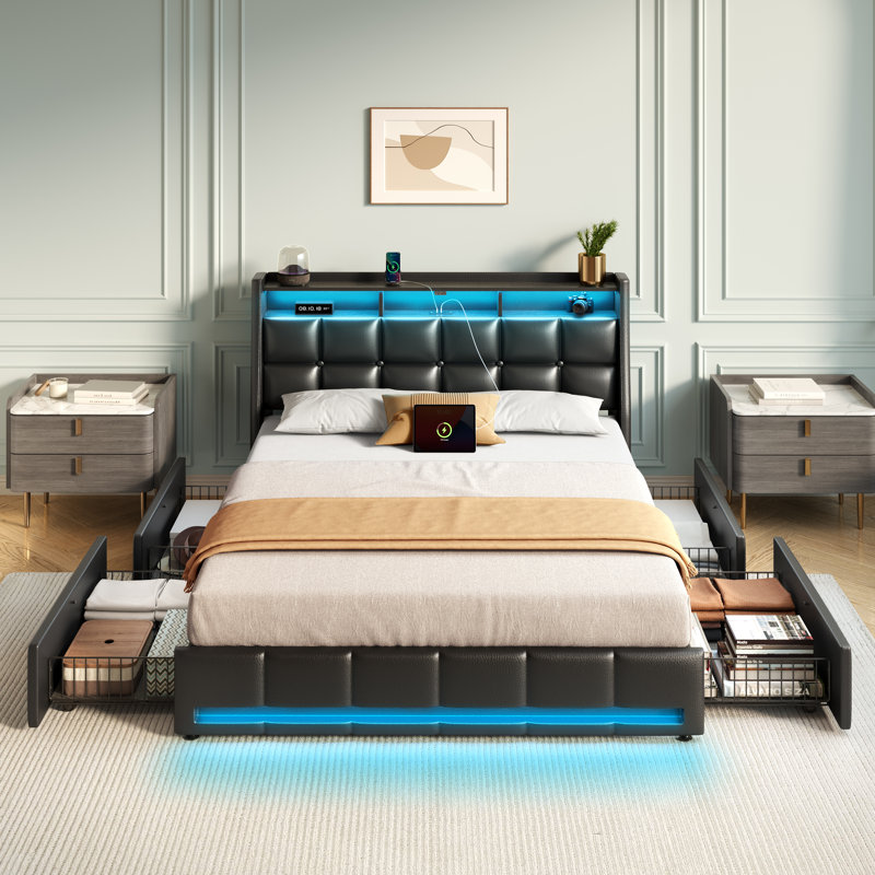 Bed Frame with Wingback Headboard, Upholstered Bed with LED Lights & 4 Storage Drawers