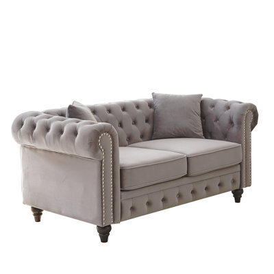 FX 63.5" Modern Design Chesterfield Sofa, Velvet Sofa Button Design Living Room Sectional Sofa, Button Tufted With Nail Design Arms With 2 Pillows, Upholstered Fabric And Wood Legs