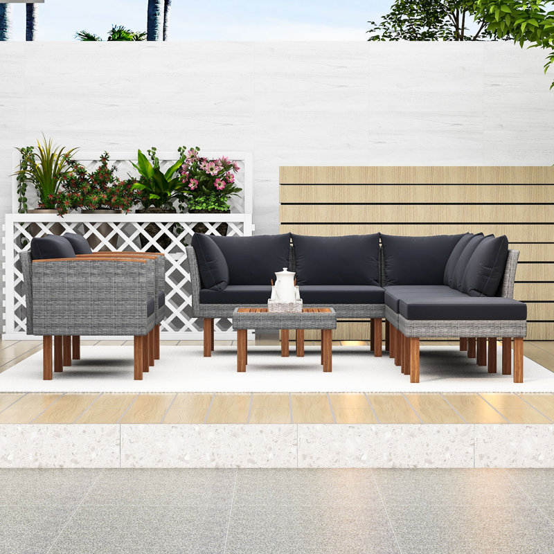 Catara 9-Piece Wicker Outdoor Conversation Set with Solid Wood Legs and Removable Cushions, Dark Gray
