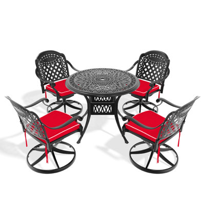 Ensemble de 5 tables et chaises en fonte d'aluminium, table ronde de 35,43 po, 4 chaises pivotantes noires, To Elements, ensemble de salle à manger d'extérieur tout aluminium confortable et confort