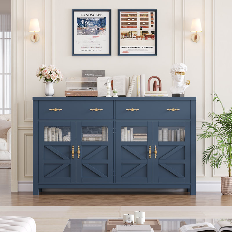 Almus 55'' Sideboard with 4 Glass Doors, 2 Large Drawers and Adjustable Shelves, Blue