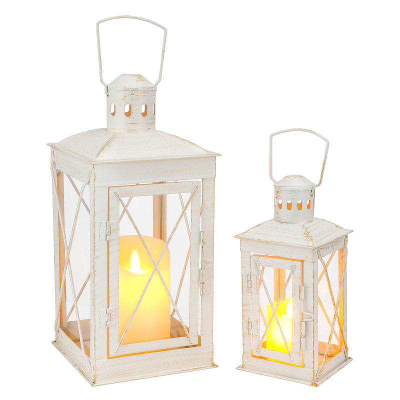 Ensemble de deux bougeoirs de lanterne de table en métal et verre transparent et blanc
