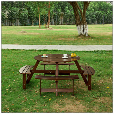 Table de pique-nique d'extérieur pour 8 personnes, table de pique-nique ronde pour 8 personnes avec 4 bancs intégrés, trou pour parasol, ensemble de table et banc d'extérieur pour le jardin, la cour, le porche, le patio