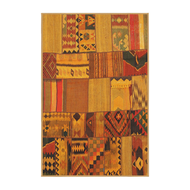 Tapis de zone jaune/rouge contemporaine, Rectangle 8 pi x 10 pi