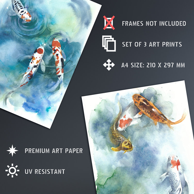 Japanese Koi Carp Fish Watercolour 3-Piece Set Unframed Wall Art Prints Bathroom Bedroom Aesthetic Goldfish
