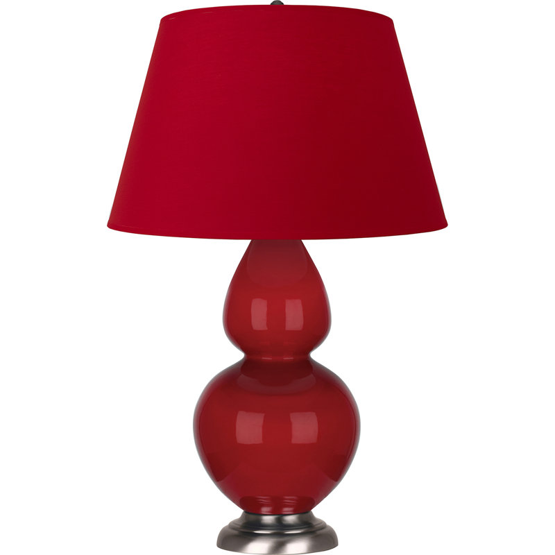 Lampe de table double gourde en céramique, Blanc cassé, Rouge rubis émaillé / argent antique, Argent argent
