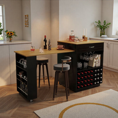 Armoire de bar moderne avec table de salle à manger rétractable, roulettes, porte-bouteilles, porte-verre, 1 armoire, 5 tiroirs et rangement latéral