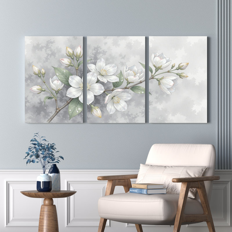 Ensemble de 3 décorations murales sur toile tendue à l'aquarelle florale Jasmine, H 24 po x l 48 po