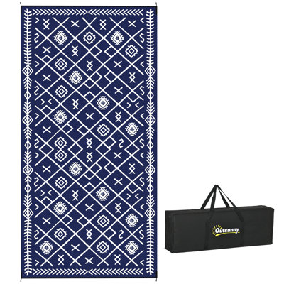 Tapis d'extérieur réversible, tapis de sol en paille de plastique imperméable 9 pi x 18 pi, tapis de camping portatif pour camping-car, grand tapis de jardin, terrasse, pique-nique, plage, losange bleu et blanc