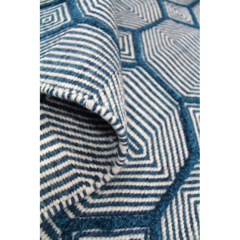 Preston Wool Geometric Area Rug in Ivory/Blue, Runner 4' x 20'