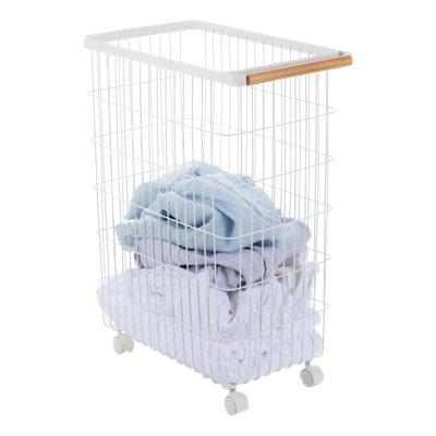 Yamazaki Home Rolling Wire Laundry Basket 55L – Heavy Duty Wire Hamper with Wheels, Rolling Laundry Cart with Handle