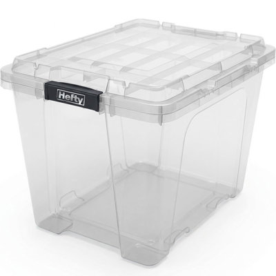 Hefty MAX PRO 20 Gallon Heavy Duty Storage Tote with Latching Lid, Stackable Garage Storage Bin, Clear with Black Handles, 4-Pack