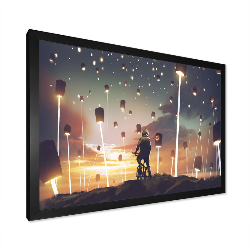 «Video Game Man Bicycle Land Full Lanterns», reproduction sur toile, H 8 po x l 12 po x P 1 po, Cadre d'angle fermé noir