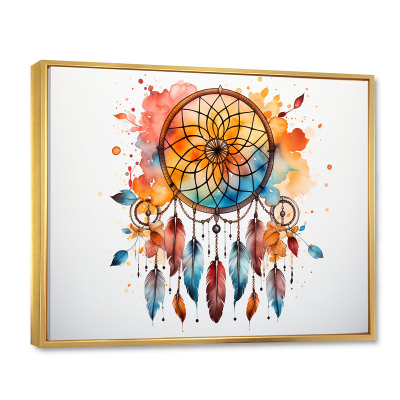 Capteur de rêves colorés, harmonie minimaliste sur toile, Cadre flottant doré, H 24 po x l 32 po x P 1 po