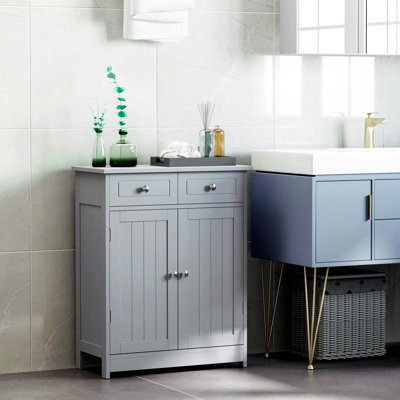 Armoire de plancher de salle de bain grise, 2 portes, tiroirs et tablette réglable, rangement autoportant pour la salle de bain, le cadre, la surface de l'eau, ranger facilement les produits d'hygiène et les serviettes.