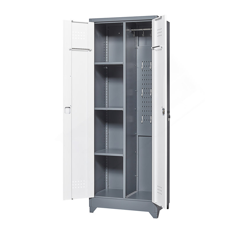 Armoire de rangement à balai avec portes et tablettes verrouillables, armoire de rangement en métal de 65 po de hauteur avec tringle et crochets en S, armoire de rangement pour outils de nettoyage