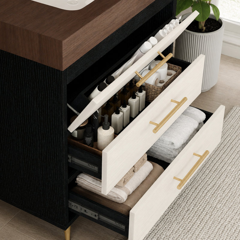 Meuble-lavabo autoportant moderne avec lavabo vasque en céramique et plateau en pierre frittée durable, Black; White, Walnut