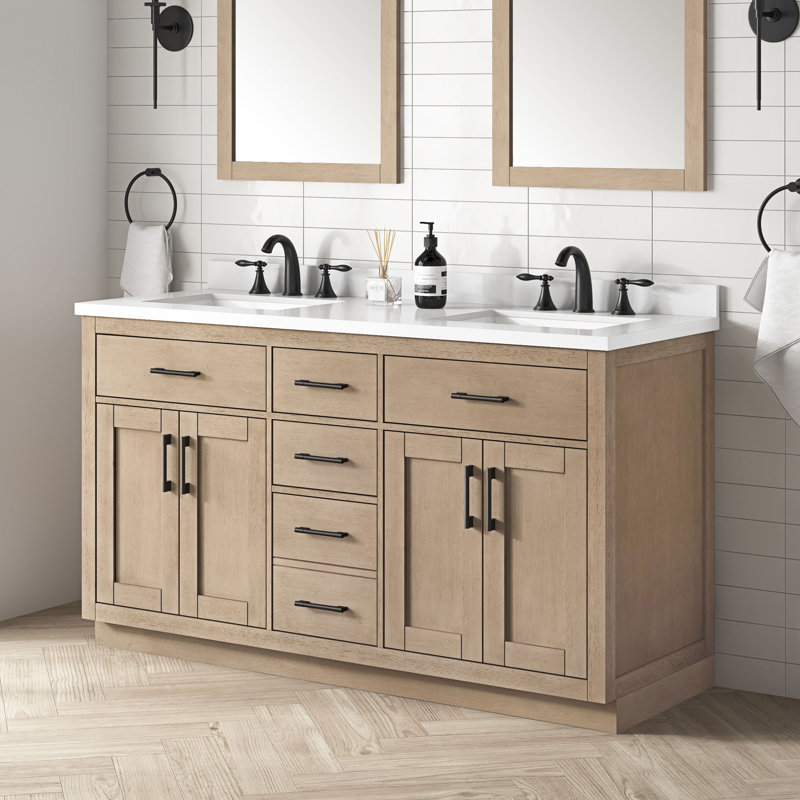 Meuble-lavabo double 60 po avec comptoir de qualité supérieure OVE Decors Bailey, Bouleau Sahara, Noir, noir, noir, noir