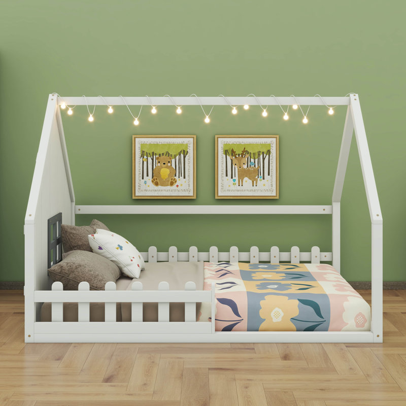 Lit double en bois pleine grandeur avec fenêtre décorative, Blanc