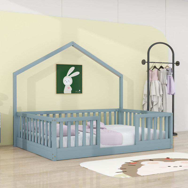 Wood Montessori Bed with Rails and Built-in LED Light, Gray, Full