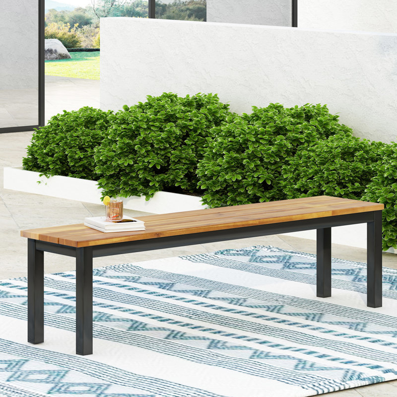 Banc en bois élégant avec base en métal pour la cour et le jardin, banc de 63 po de largeur, 15 po de profondeur, 17,7 po de hauteur, cour de soutien contemporaine en mélange de couleurs, en largeur,