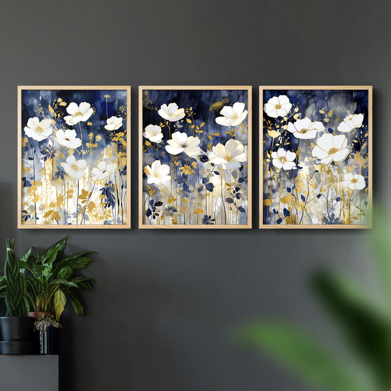 Étude florale Cxxvi -Set de 3 estampes giclées encadrées -Prêt à, H 10 po x l 8 po, Encadré naturel