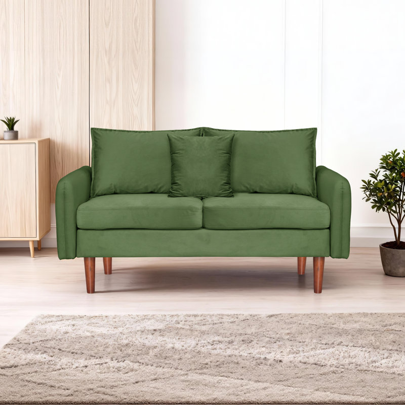 Velvet Loveseat With Round Arm,side Pockets And A Square Pillow,33'' H X 56.5'' W X 31'' D, Army Green