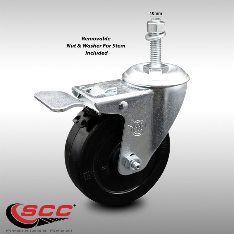 4 Inch SS Soft Rubber 10mm Threaded Stem Caster with Total Lock Brake SCC