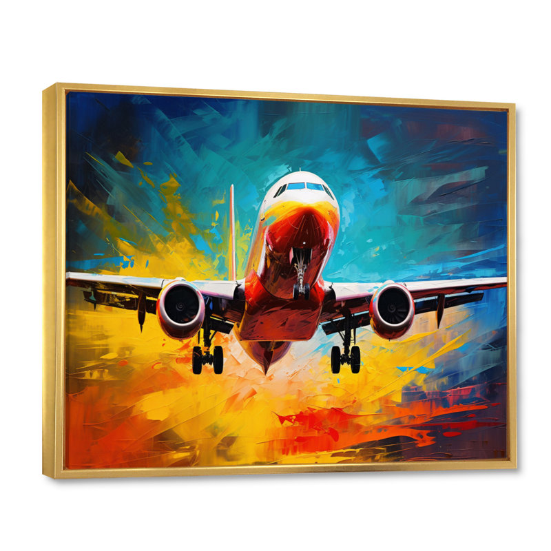 Avion énergique de départ sur toile, Cadre flottant doré, H 24 po x l 32 po x P 1 po
