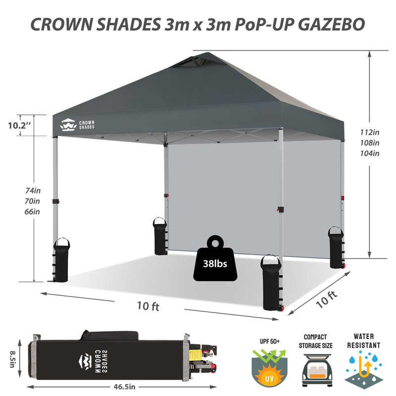 10 Ft. W x 10 Ft. D Steel Pop-Up Canopy Beach Tent with 1 Side Wall, Grid Gray