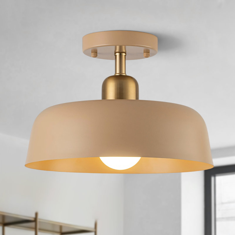 Farmhouse 1-Light 12.6'' Semi-Flush Mount Ceiling Light Brown and Gold Metal Shade, Brown
