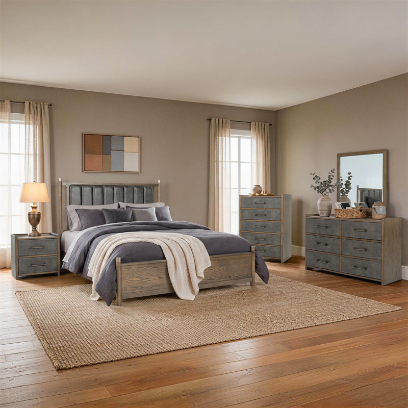 Ensemble de chambre à coucher 5 pièces avec cadre de lit grand en bois massif et commode 5 tiroirs et commode 6 tiroirs et miroir et table de chevet (ensemble de 5)