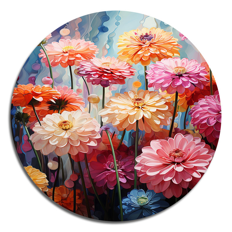 Champ de zinnias à ton doux - Art floral rond en métal, H 29 po x l 29 po