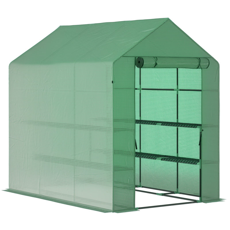 7' X 5' X 6' Walk-In Greenhouse For Outdoors With Mesh Door, 18 Shelf Hot House With Trellis, Plant Labels, UV Protective For Growing Flowers, Herbs, Vegetables, Saplings, Green