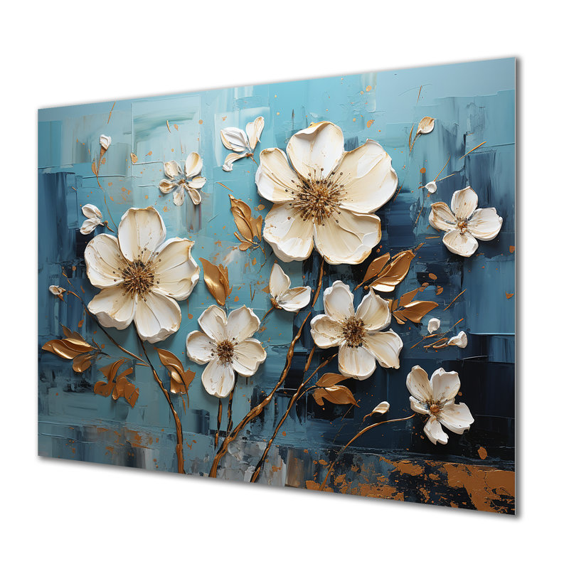 Fleurs de pavot dorées et blanches - Art mural floral abstrait en métal, H 12 po x l 20 po x P 1 po
