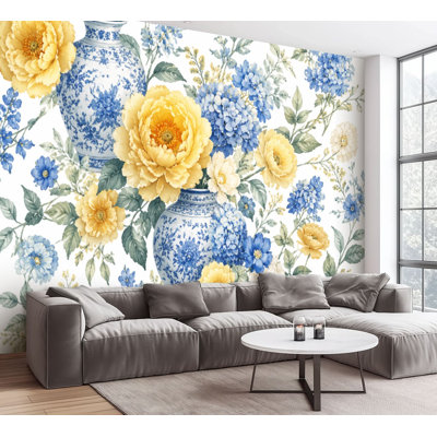 Papier peint adhésif à motif floral rétro Vases en céramique blancs et bleus, pivoines jaunes, papier contact amovible et adhésif pour salon, chambre à coucher H 100 po x l 144 po