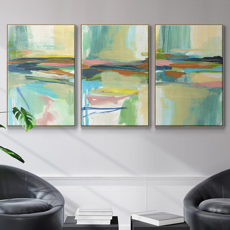 Radiant Horizon I - ensemble de 3 impressions sur toile à cadre flottant, H 24 po x l 48 po x P 2 po, Bois naturel