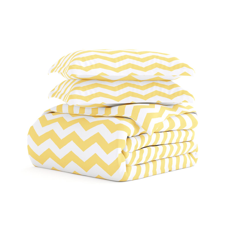 Queen Yellow and White Microfiber Geometric Duvet Cover Set
